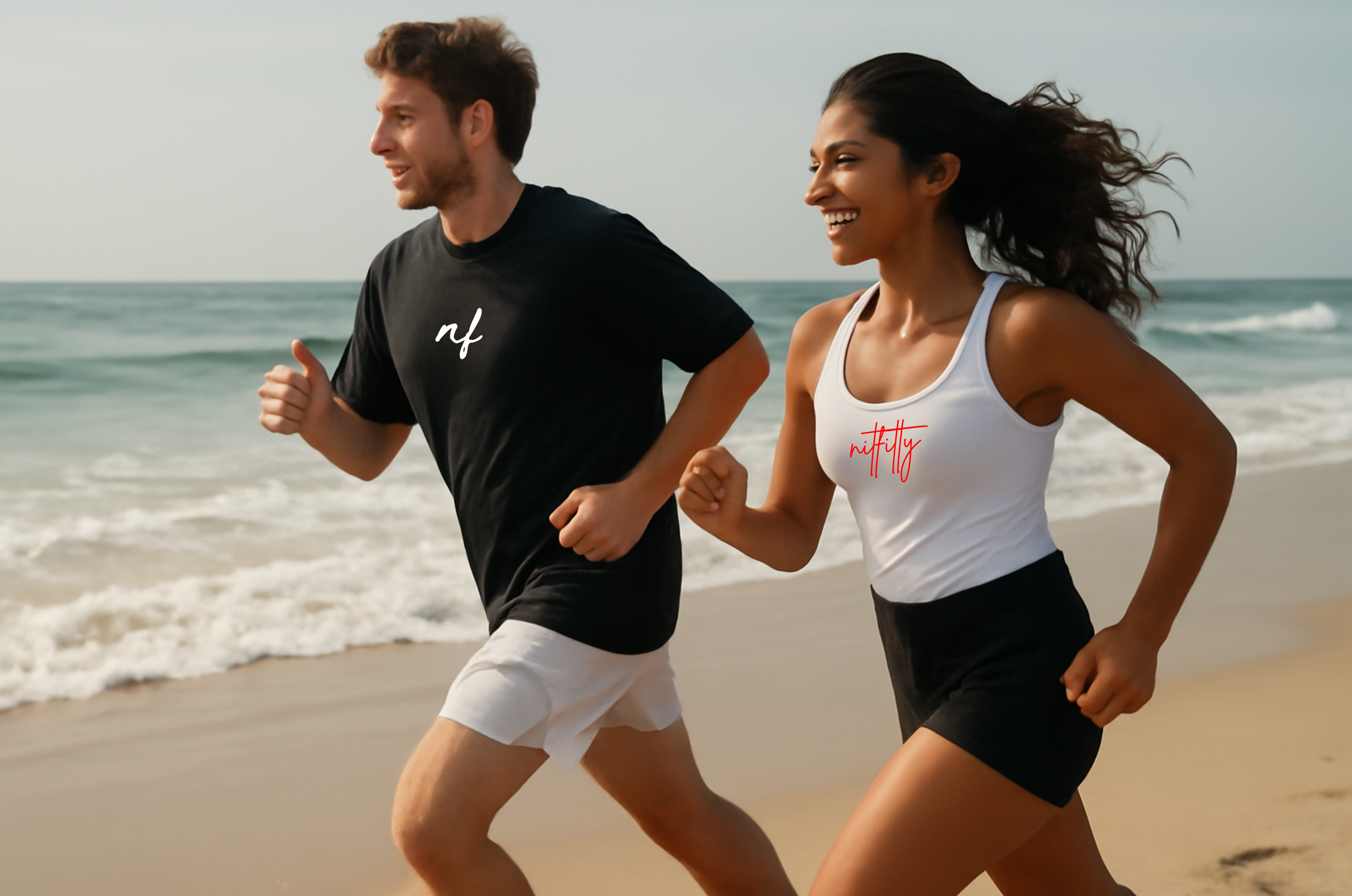 Two people running on a beach with ocean waves in the background